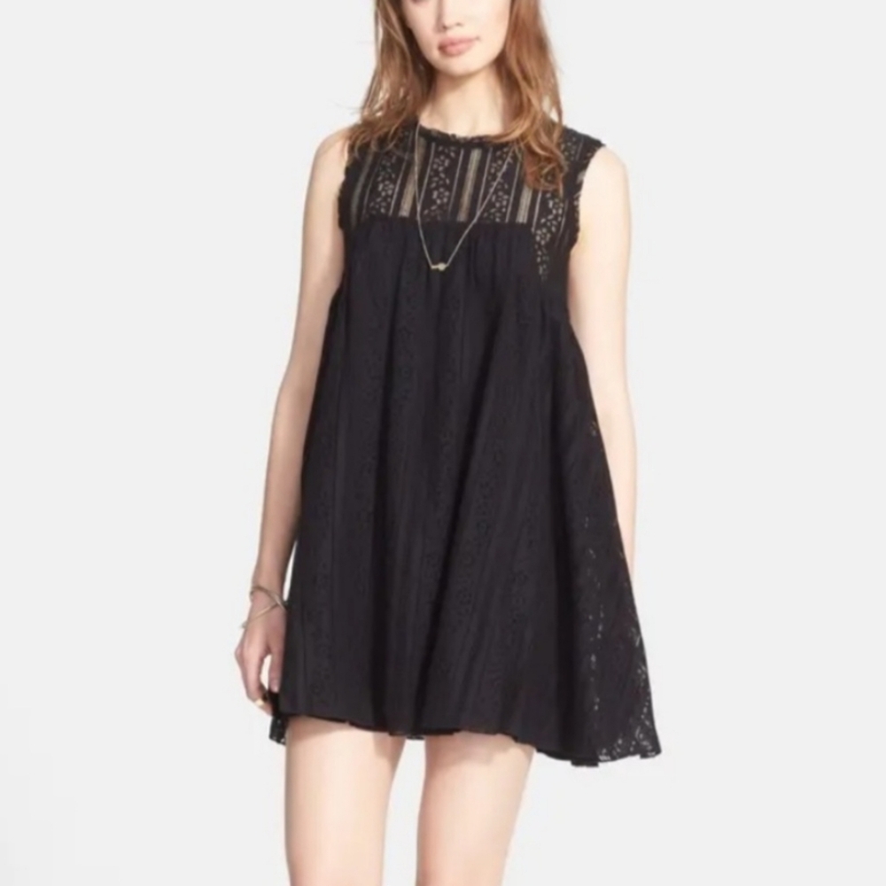 Free People Black Lace Babydoll Mini Dress, Sz L